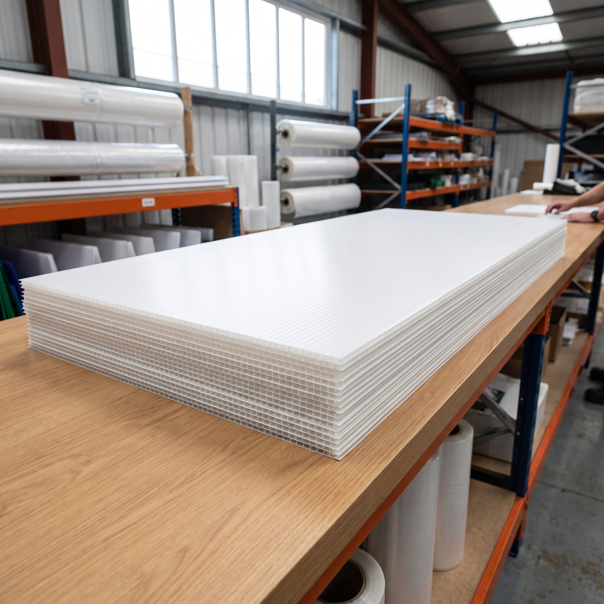 Stack of white fluted polypropylene sheets 4mm, 2440 x 1220mm, showing the fluted edge