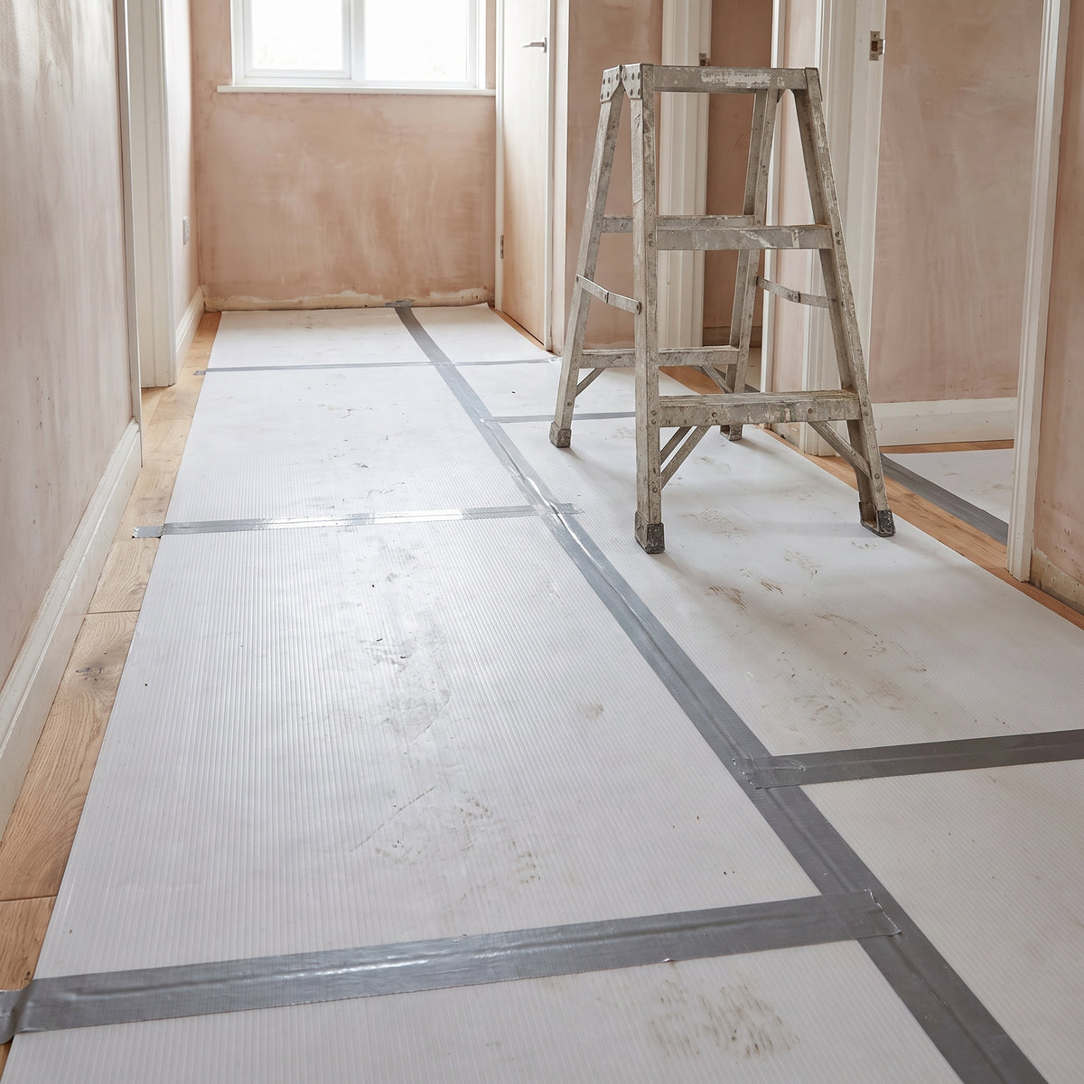 White fluted polypropylene sheets taped together as floor protection in a hallway during renovation